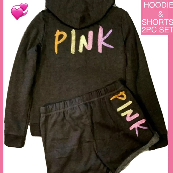 NEW VICTORIAS SECRET PINK BLING FULL XI HOODIE & SHORTS SET